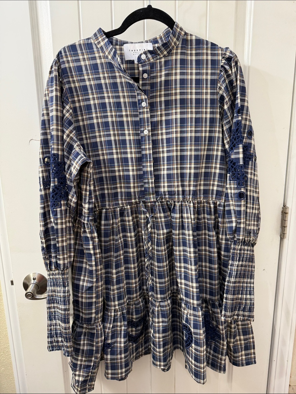 NWOT The Shirt by Rochelle Behrens Navy and Cream Plaid Tiered Dress